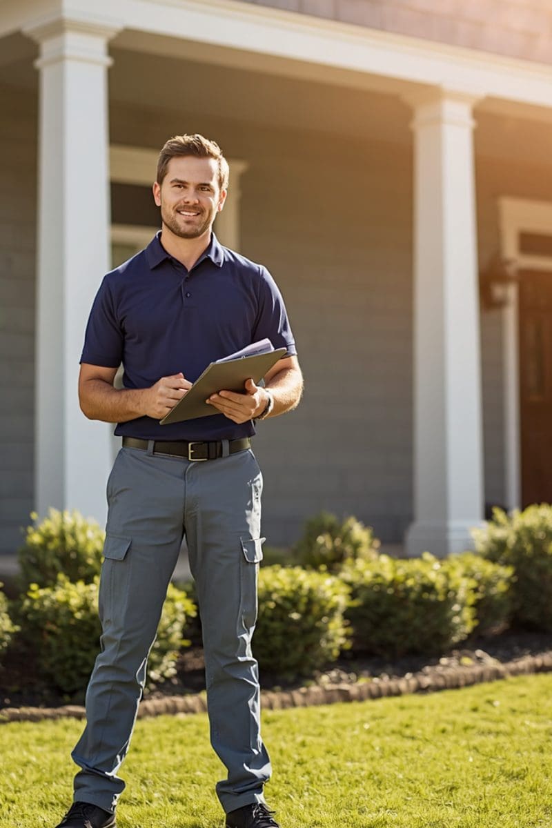 Inspector in front of house